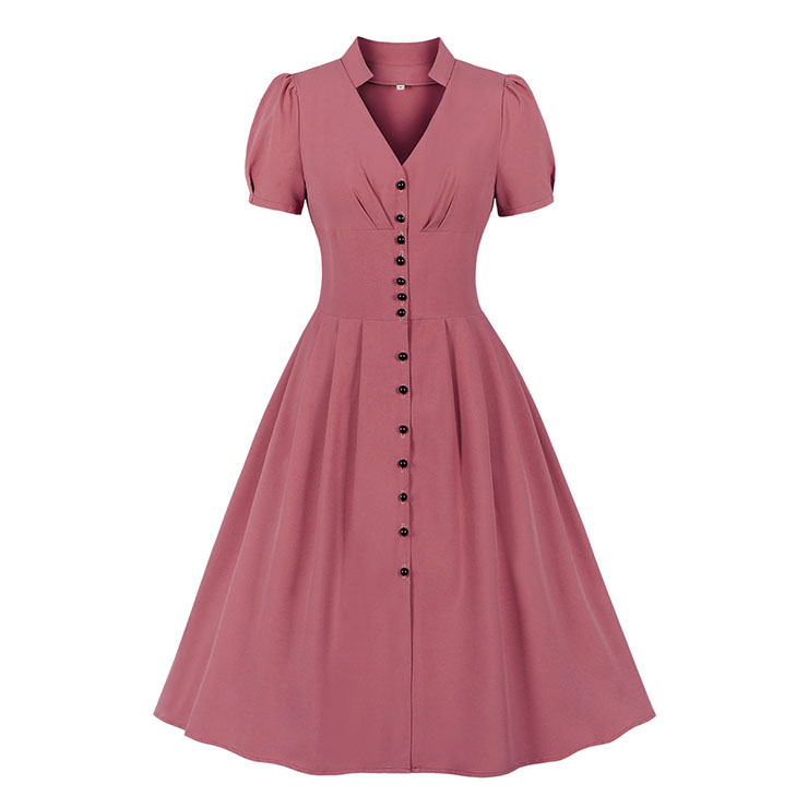 Vintage Solid Color V Neckline Front Button Short Sleeve Wide Waist Summer Daily Swing Dress N22121