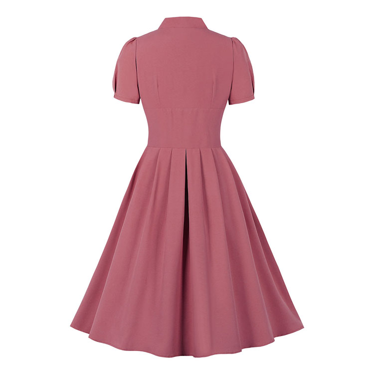 Vintage Solid Color V Neckline Front Button Short Sleeve Wide Waist Summer Daily Swing Dress N22121