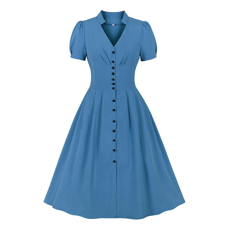 Vintage Solid Color V Neckline Front Button Short Sleeve Wide Waist Summer Daily Swing Dress N22122