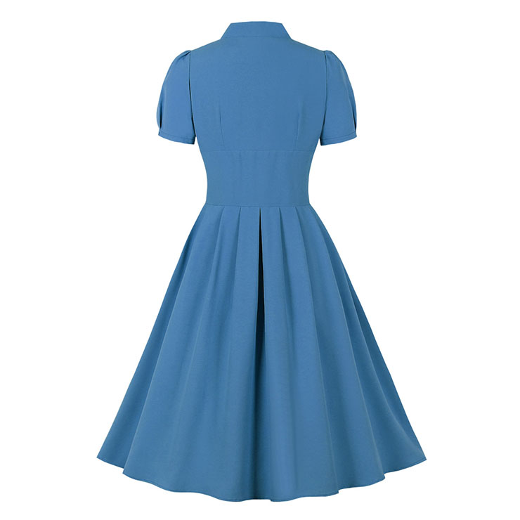 Vintage Solid Color V Neckline Front Button Short Sleeve Wide Waist Summer Daily Swing Dress N22122