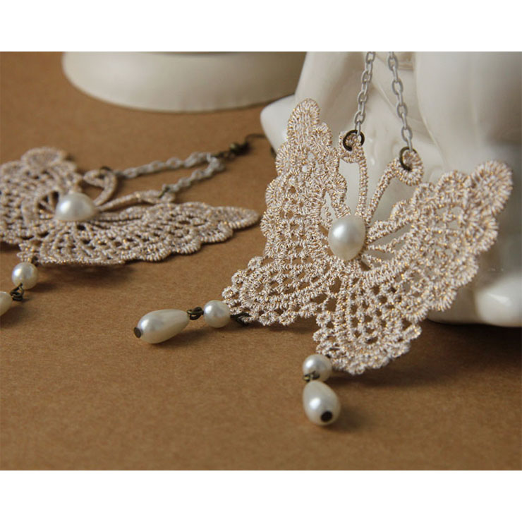 Vintage Elegant White Butterfly Floral Lace with White Bead Drop Earrings J18393