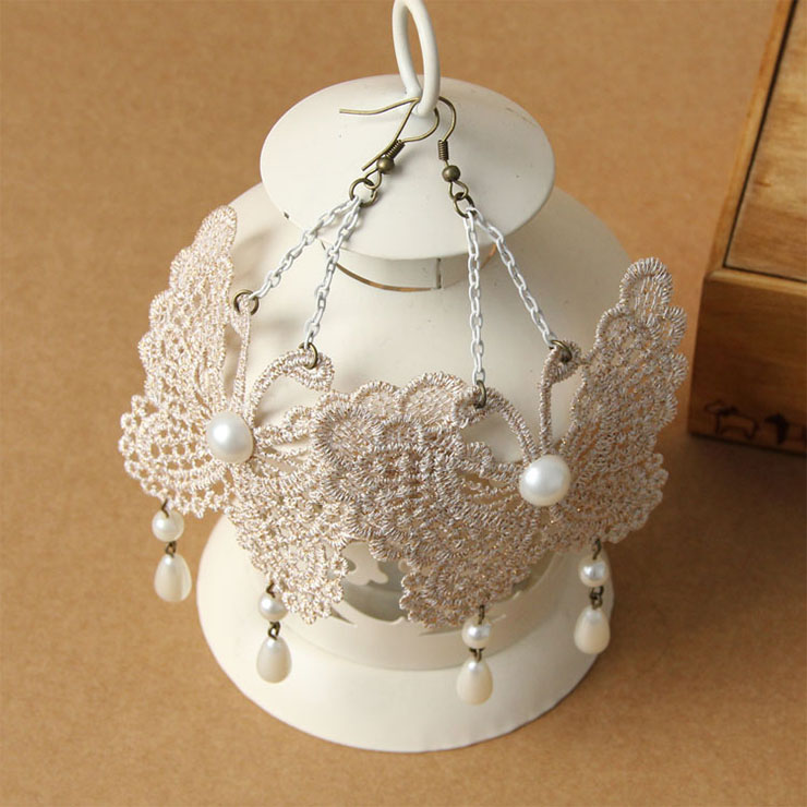 Vintage Elegant White Butterfly Floral Lace with White Bead Drop Earrings J18393