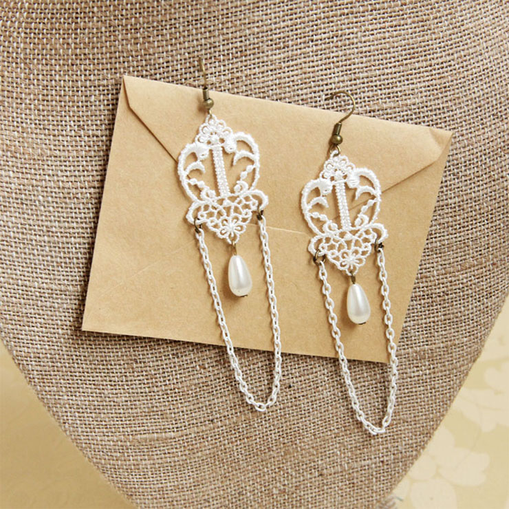 Vintage White Floral Lace with White Chain and Bead Drop Earrings J18410
