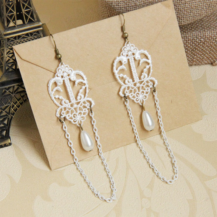 Vintage White Floral Lace with White Chain and Bead Drop Earrings J18410