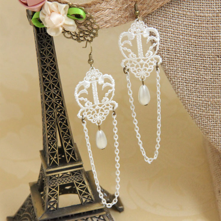 Vintage White Floral Lace with White Chain and Bead Drop Earrings J18410