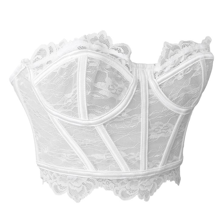 White Lace Corset Bustier with Back Lace - up & Boning N23925