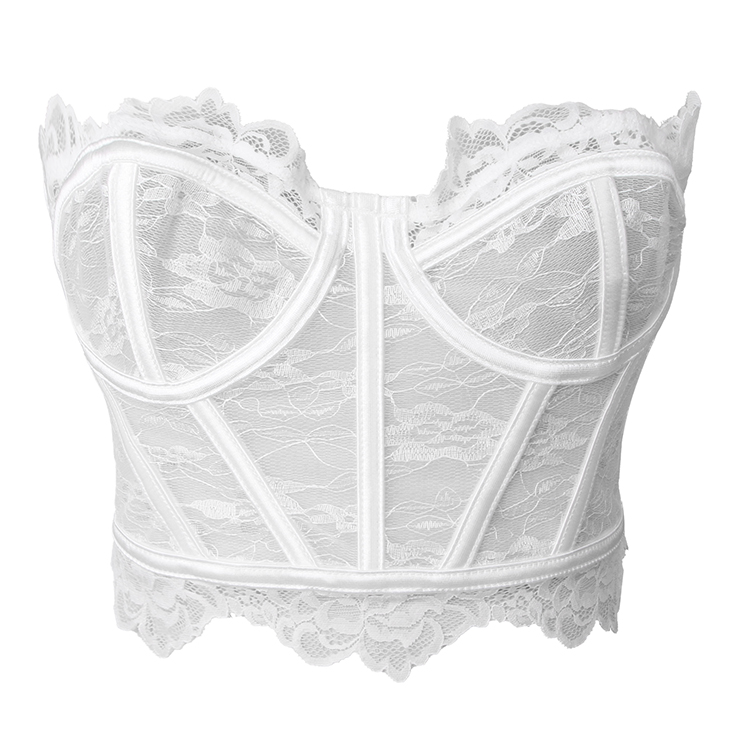 White Lace Corset Bustier with Back Lace - up & Boning N23925