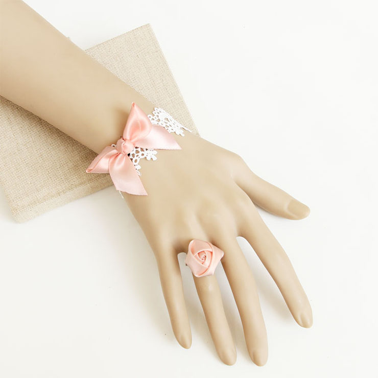 Vintage White Lace Wristband Elegant Bow Bracelet with Ring J17774