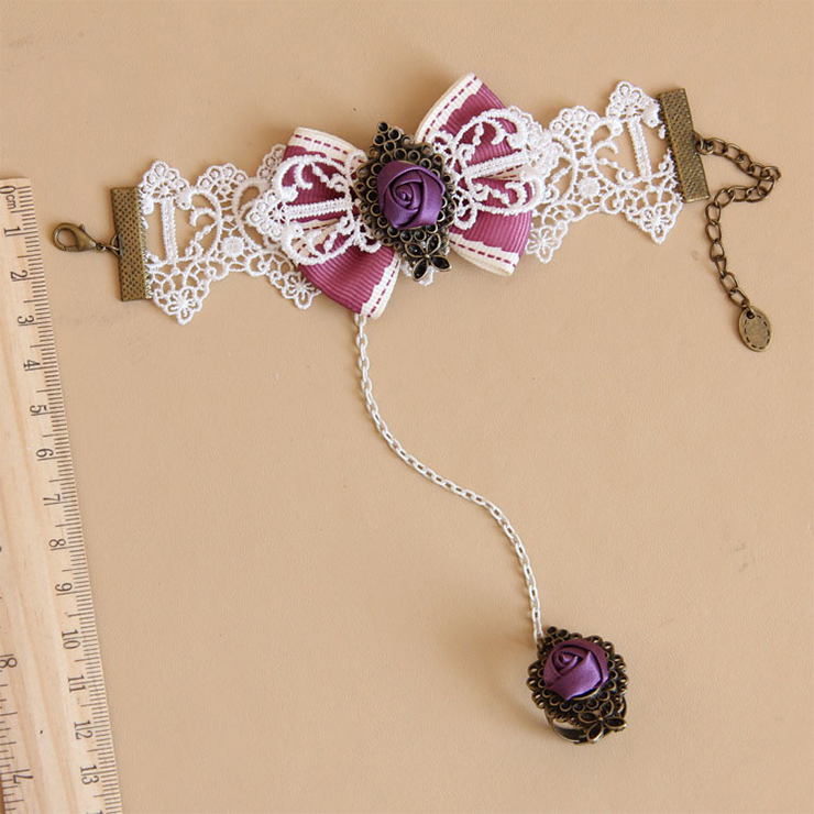 Vintage White Lace Wristband Pink Bowknot Purple Rose Embellished Bracelet with Ring J18164