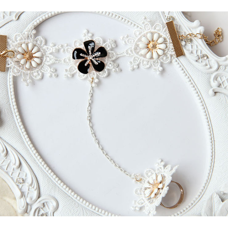 Vintage White Wristband Glaze Daisy Embellished Bracelet with Ring J18098