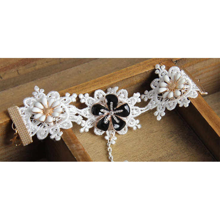 Vintage White Wristband Glaze Daisy Embellished Bracelet with Ring J18098
