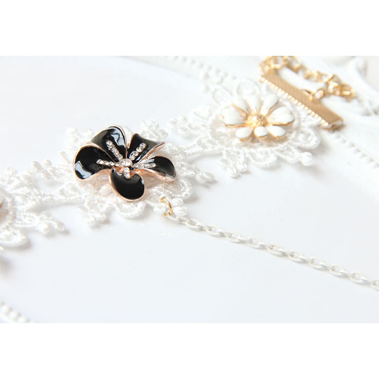 Vintage White Wristband Glaze Daisy Embellished Bracelet with Ring J18098