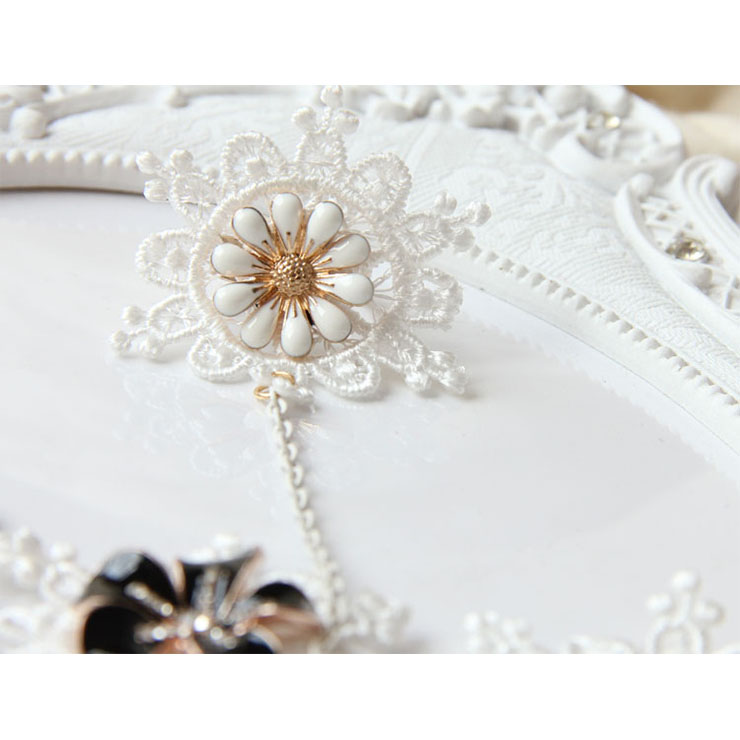 Vintage White Wristband Glaze Daisy Embellished Bracelet with Ring J18098