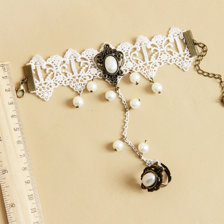 Vintage White Wristband Olivet Embellished Bracelet with Ring J18070