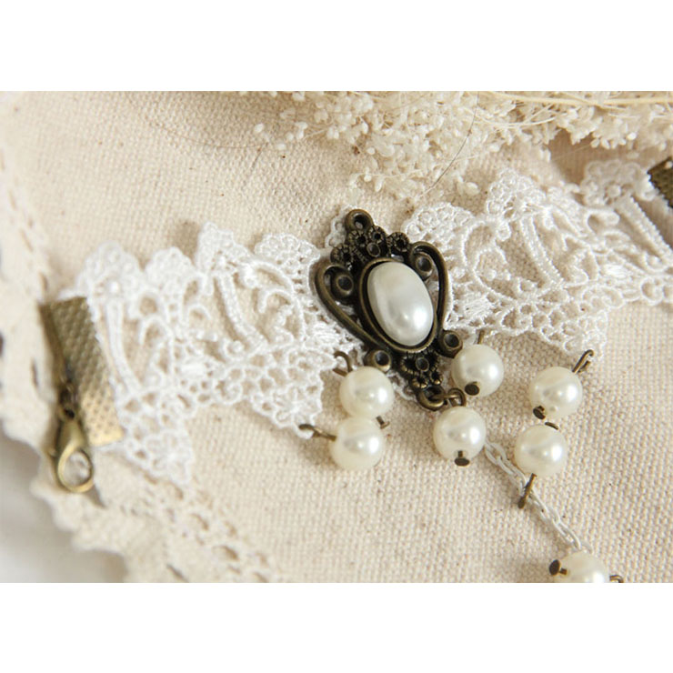 Vintage White Wristband Olivet Embellished Bracelet with Ring J18070