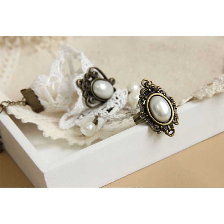 Vintage White Wristband Olivet Embellished Bracelet with Ring J18070