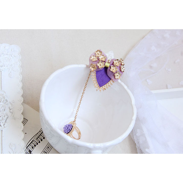 Vintage White Wristband Purple Bowknot Embellished Bracelet with Ring J18073