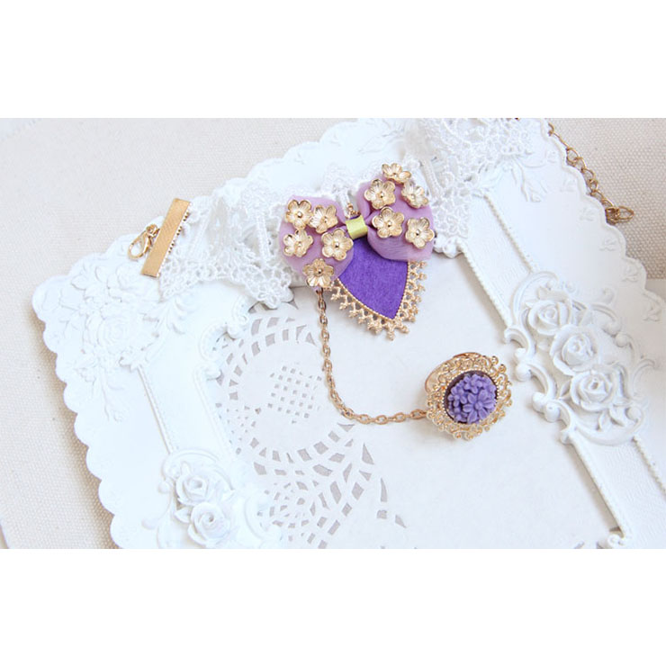 Vintage White Wristband Purple Bowknot Embellished Bracelet with Ring J18073