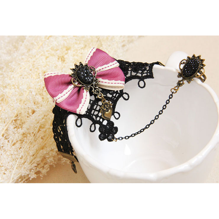 Vintage Wristband Black Lace Pink Bowknot Embellished Bracelet with Ring J18057