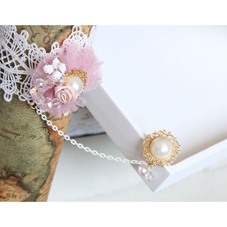 Vintage Wristband Pink Gauze Flower Olivet Embellished Bracelet with Ring J18059
