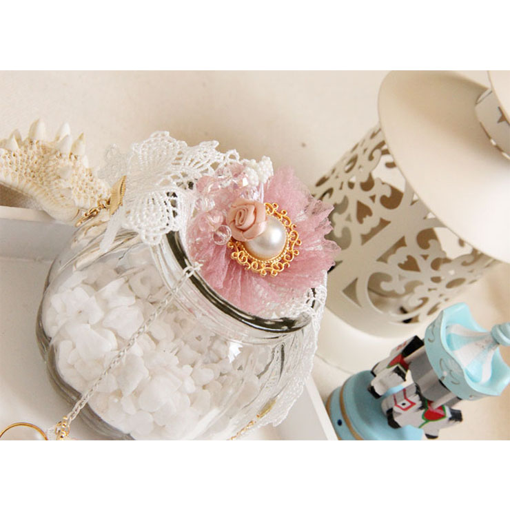 Vintage Wristband Pink Gauze Flower Olivet Embellished Bracelet with Ring J18059