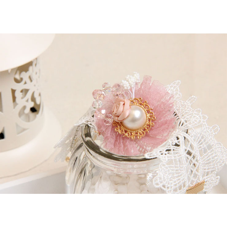 Vintage Wristband Pink Gauze Flower Olivet Embellished Bracelet with Ring J18059