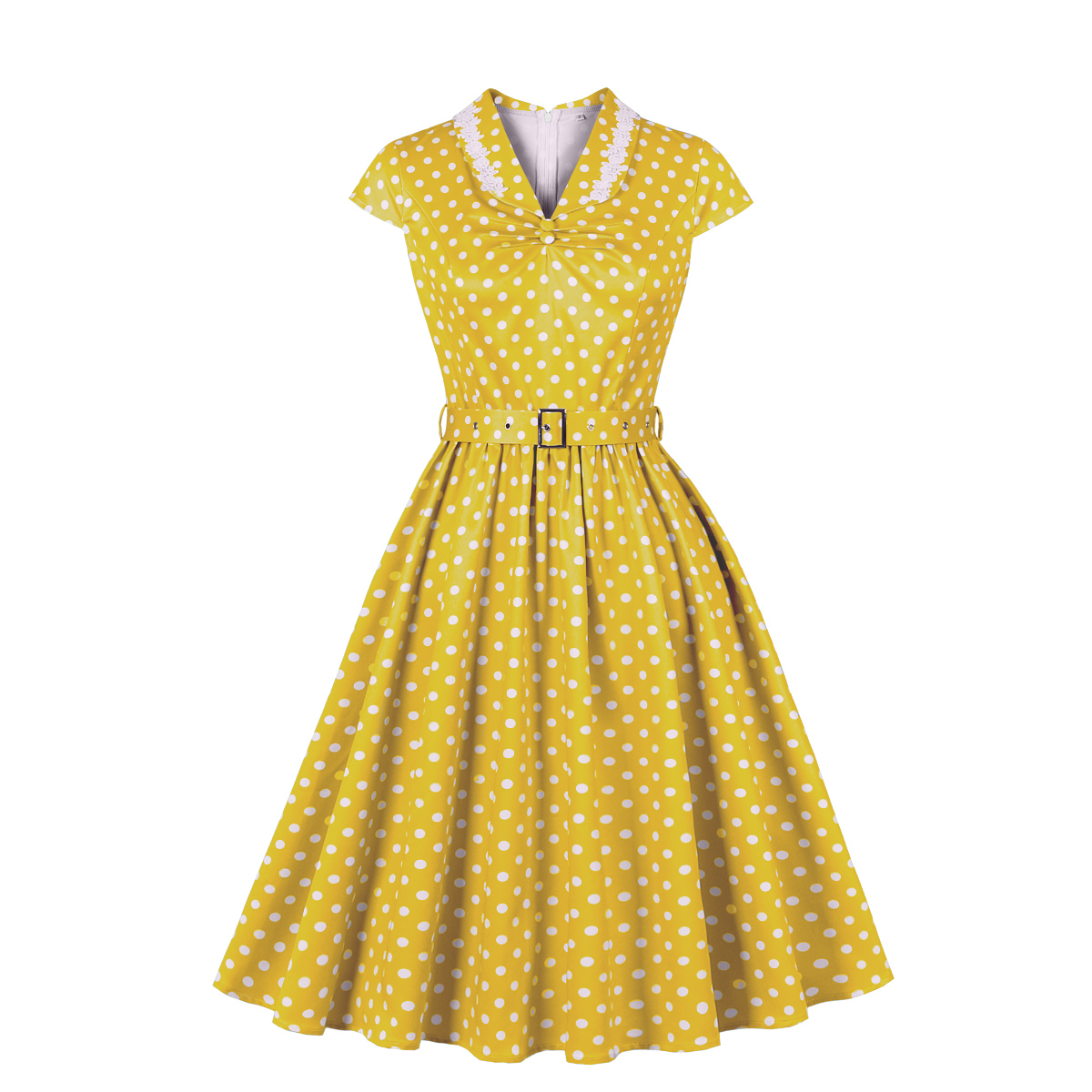 Vintage Yellow Polka Dot Dress with White Lace Trim and Black Buckle Belt - 1950s Style Swing Dress N23826