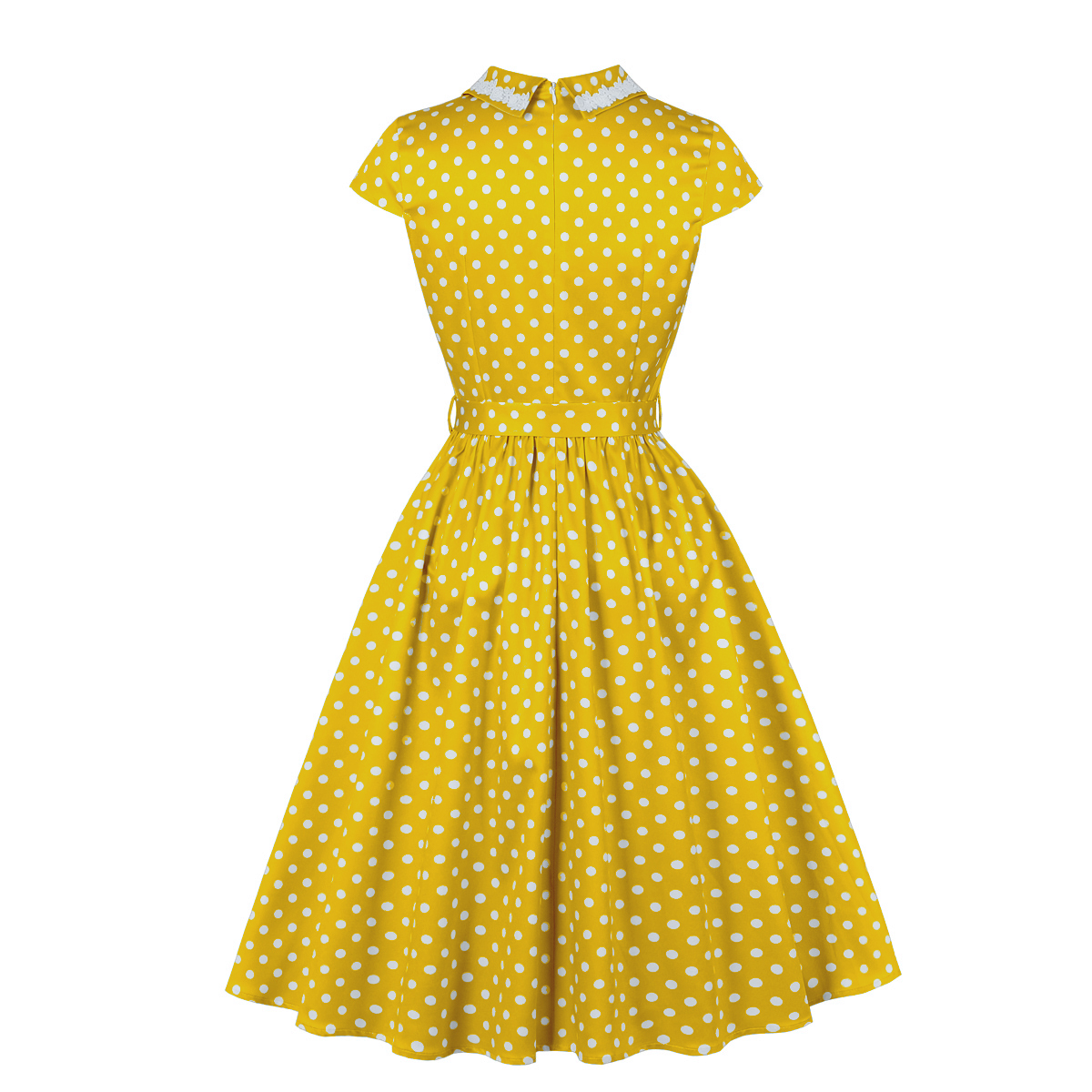 Vintage Yellow Polka Dot Dress with White Lace Trim and Black Buckle Belt - 1950s Style Swing Dress N23826