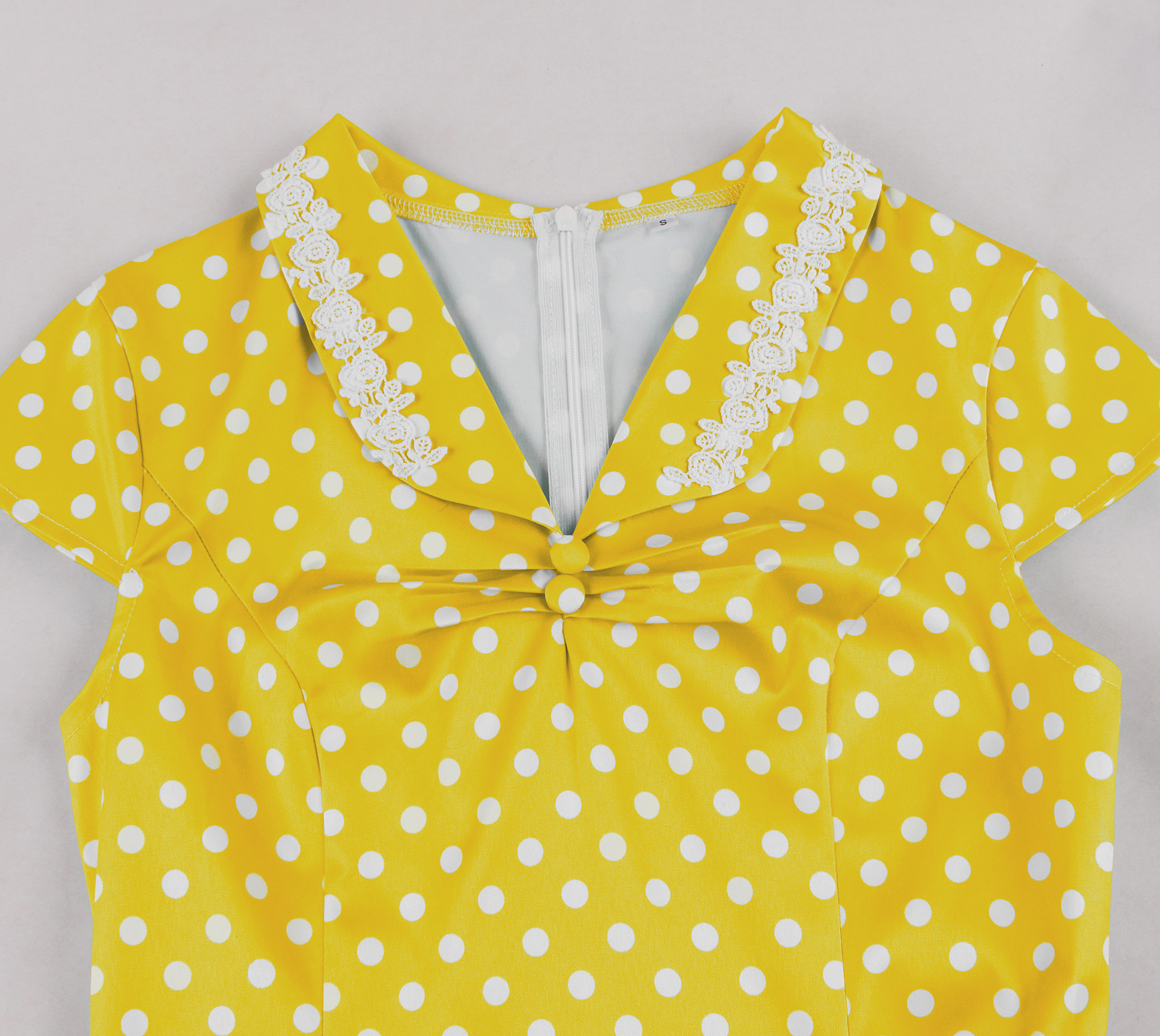 Vintage Yellow Polka Dot Dress with White Lace Trim and Black Buckle Belt - 1950s Style Swing Dress N23826