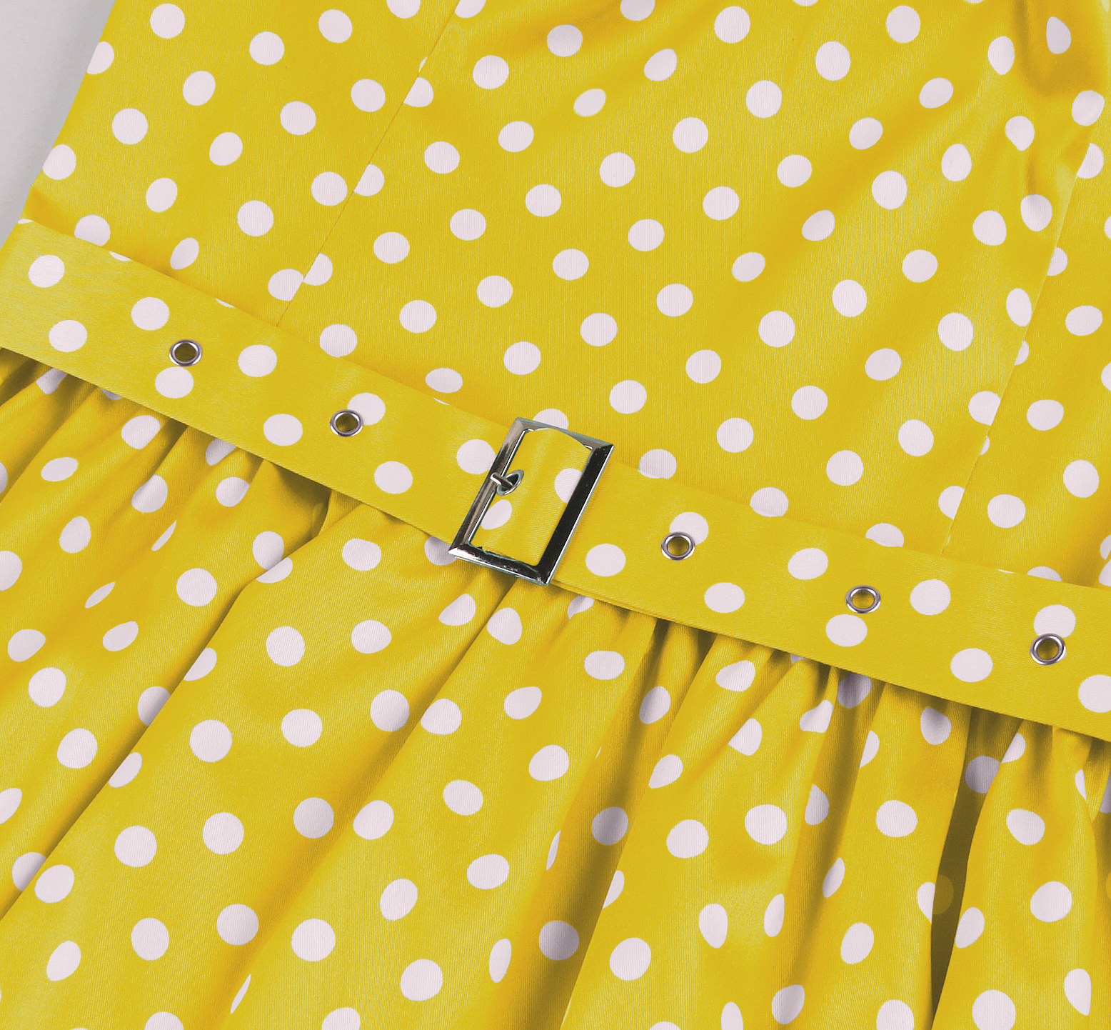 Vintage Yellow Polka Dot Dress with White Lace Trim and Black Buckle Belt - 1950s Style Swing Dress N23826