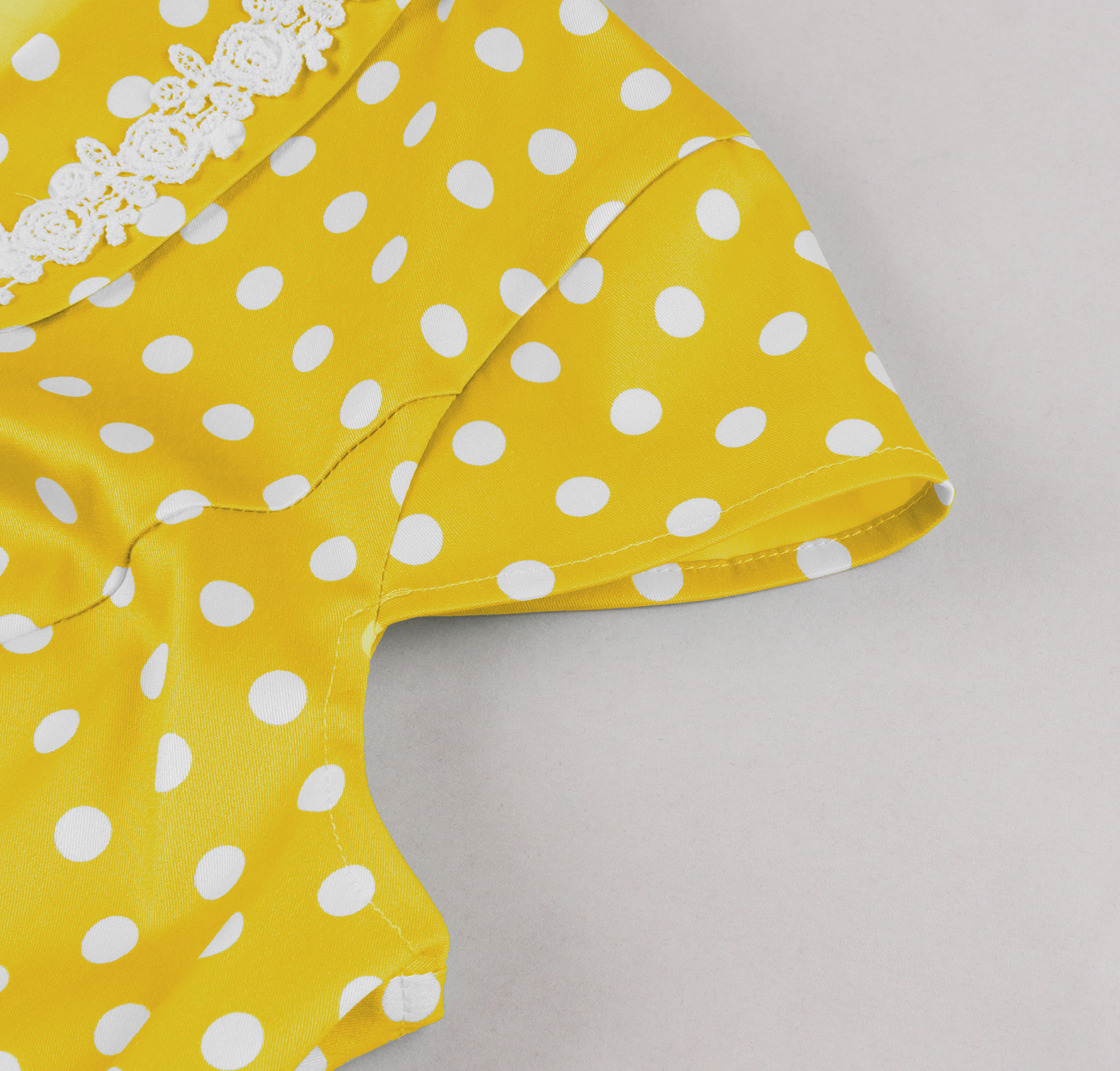 Vintage Yellow Polka Dot Dress with White Lace Trim and Black Buckle Belt - 1950s Style Swing Dress N23826