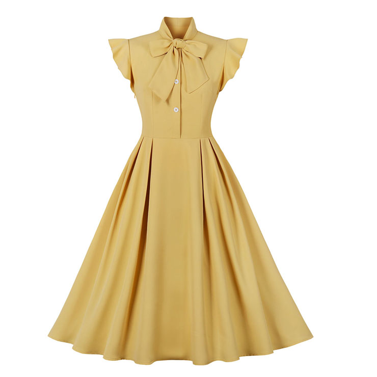 Vintage Yellow Turndown Collar Cap Sleeves High Waist Cocktail Party Swing Dress N22740