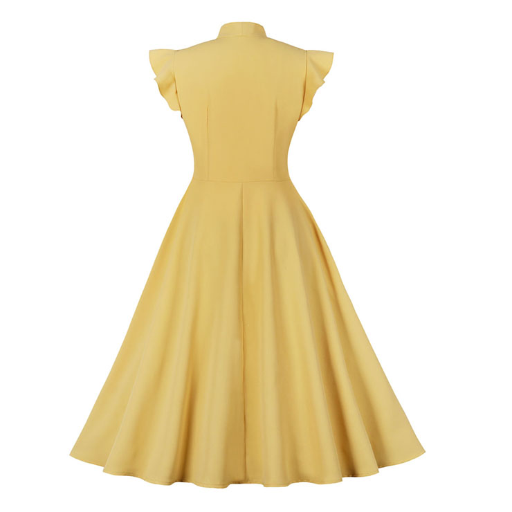 Vintage Yellow Turndown Collar Cap Sleeves High Waist Cocktail Party Swing Dress N22740