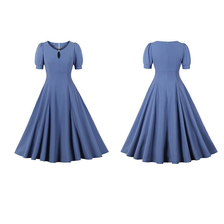 Vintage Blue Short Sleeve Round Neck High Waist Zipper Daily Midi Dress N23146