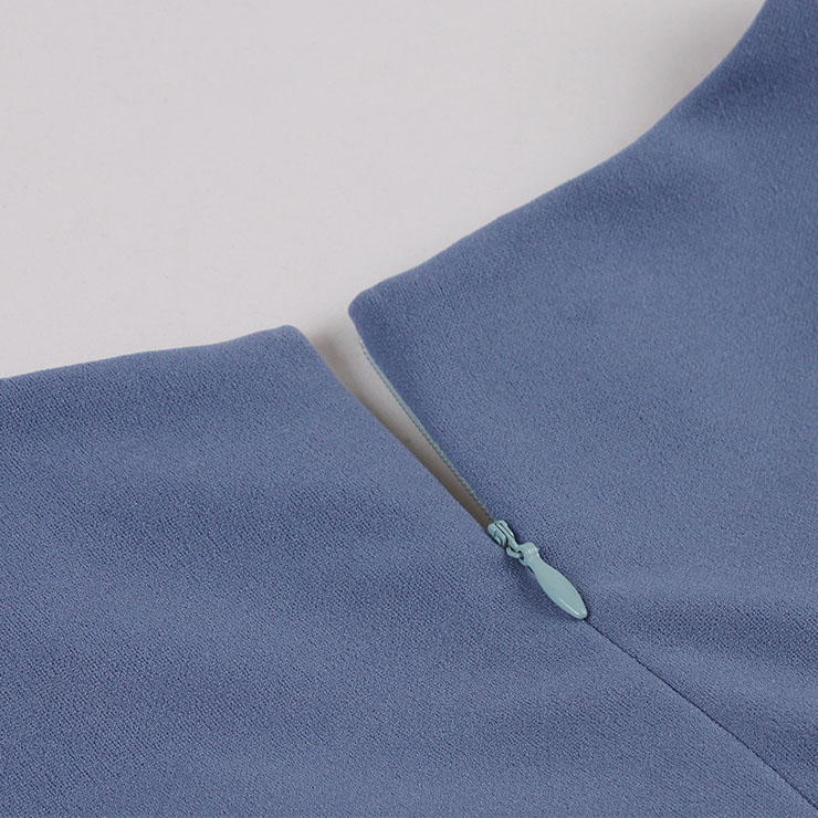 Vintage Blue Short Sleeve Round Neck High Waist Zipper Daily Midi Dress N23146