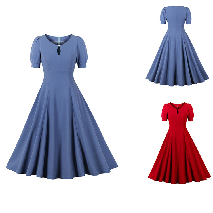 Vintage Blue Short Sleeve Round Neck High Waist Zipper Daily Midi Dress N23146
