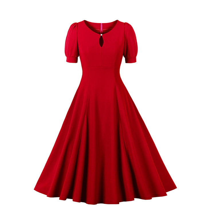 Vintage Red Short Sleeve Round Neck High Waist Zipper Daily Midi Dress N23147