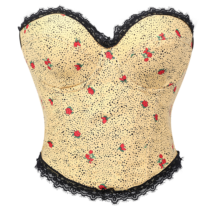 vintage corset, strapless bustier, polka dot lingerie, floral bustier, black lace trim, front tie corset, waist cincher, retro shapewear, adjustable bustier, cream corset top, romantic lingerie, layering piece, burlesque style, women's fashion, special occasion lingerie #N23833