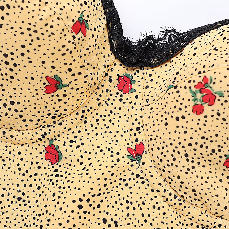 Vintage Polka Dot Floral Corset Top, Strapless Bustier with Black Lace Trim and Front Tie Detail N23833