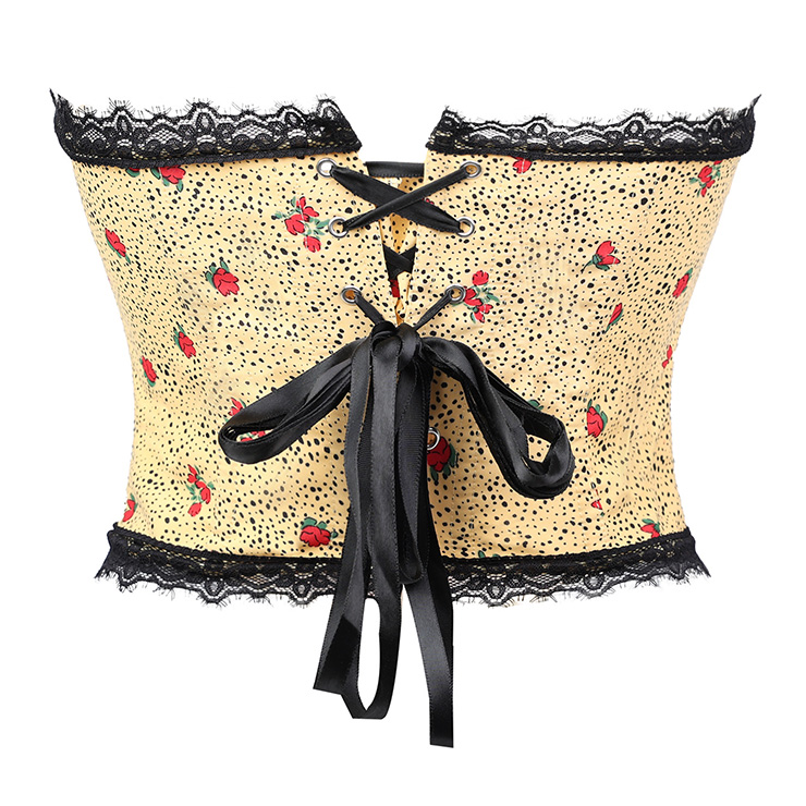 Vintage Polka Dot Floral Corset Top, Strapless Bustier with Black Lace Trim and Front Tie Detail N23833