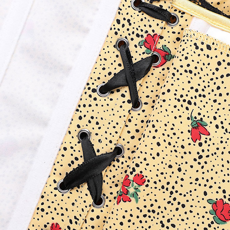 Vintage Polka Dot Floral Corset Top, Strapless Bustier with Black Lace Trim and Front Tie Detail N23833