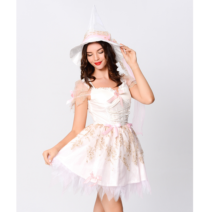 Lovely White Magic Witch Mesh and Sequin Lace-up Mini Dress Adult Cosplay Costume with Hat N20163