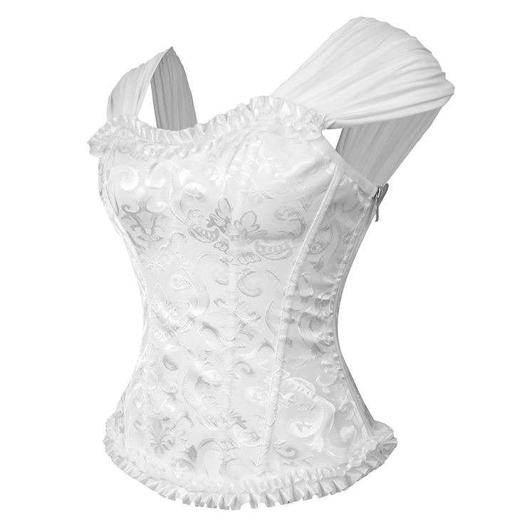 White Lace-Up Dance Bustier Corset with Ruffle Shoulder Straps and Scalloped Hem N237869