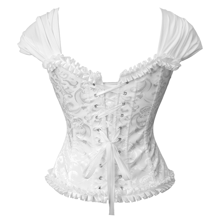 White Lace-Up Dance Bustier Corset with Ruffle Shoulder Straps and Scalloped Hem N237869