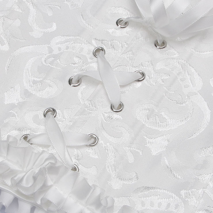 White Lace-Up Dance Bustier Corset with Ruffle Shoulder Straps and Scalloped Hem N237869