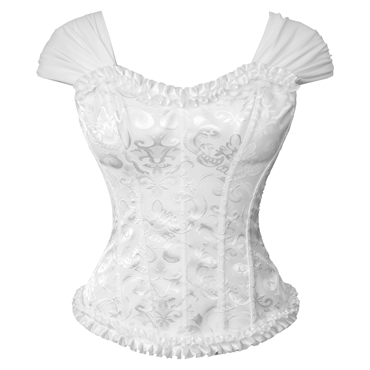 White Lace-Up Dance Bustier Corset with Ruffle Shoulder Straps and Scalloped Hem N237869