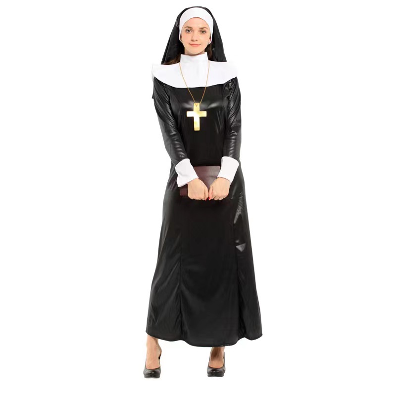 4pcs Sexy Nun Cosplay Long Dress Adult Halloween Party Theatrical Masquerade Costume N22949