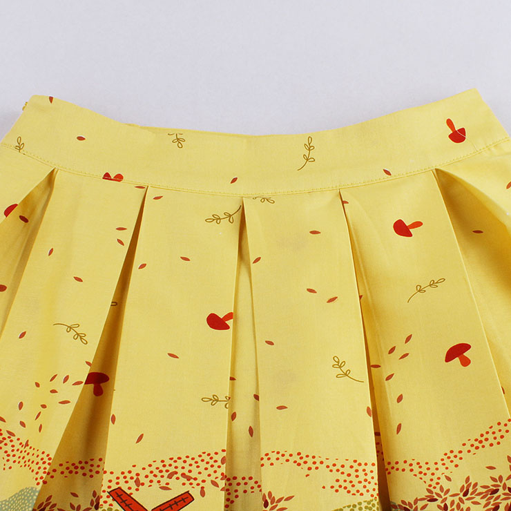 Vintage Autumn Scenery Print High Waisted Flared Pleated Skirt HG14022