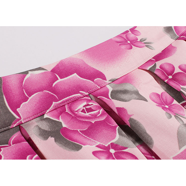 Vintage Rose Print High Waisted Flared Pleated Skirt HG12790