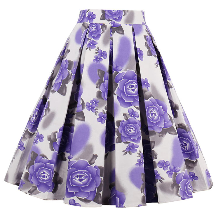 Vintage Rose Print High Waisted Flared Pleated Skirt HG12791